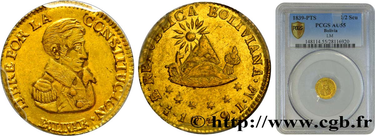 BOLIVIA - REPUBLIC 1/2 Escudo 1839 Potosi AU55 PCGS