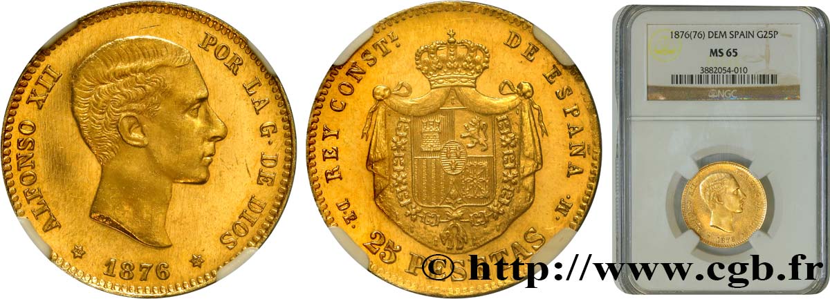 SPAIN - KINGDOM OF SPAIN - ALFONSO XII 25 Pesetas 1876 Madrid MS65 NGC