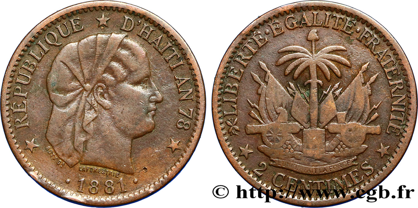HAITI 2 Centimes an 78 emblème “Liberté créole” de Roty 1881 Paris VF 
