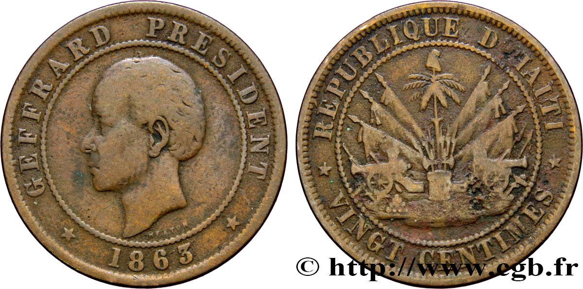 HAITI 20 Centimes président Geffrard 1863 Heaton BC 