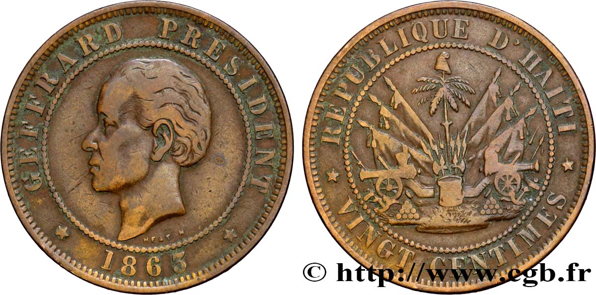 HAITI 20 Centimes président Geffrard 1863 Heaton VF 
