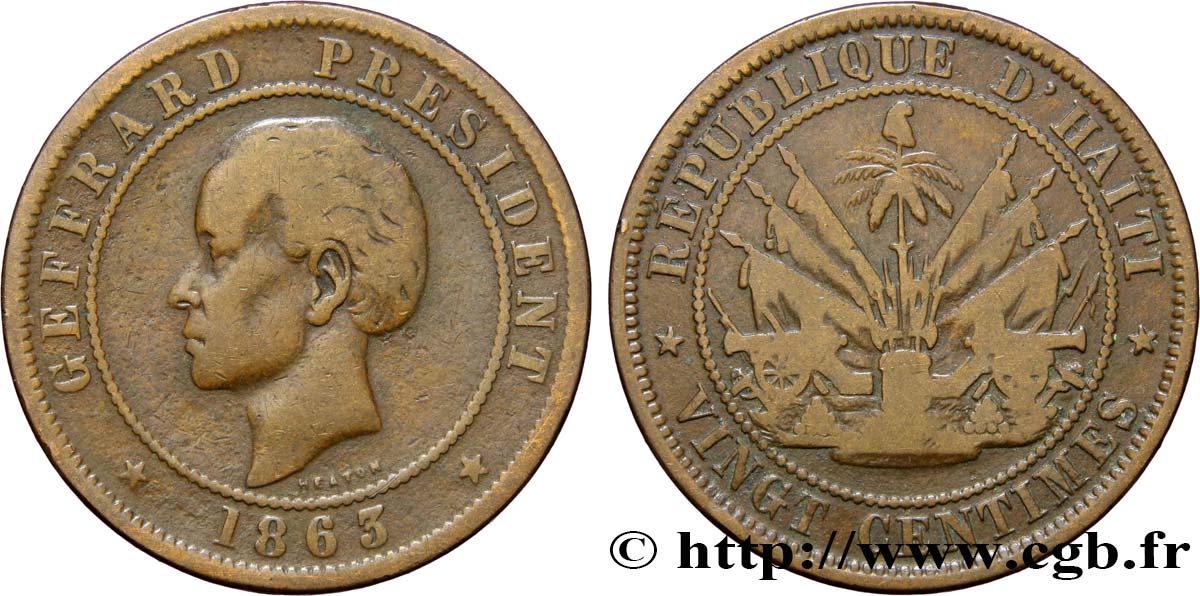 HAÏTI 20 Centimes président Geffrard 1863 Heaton TB 