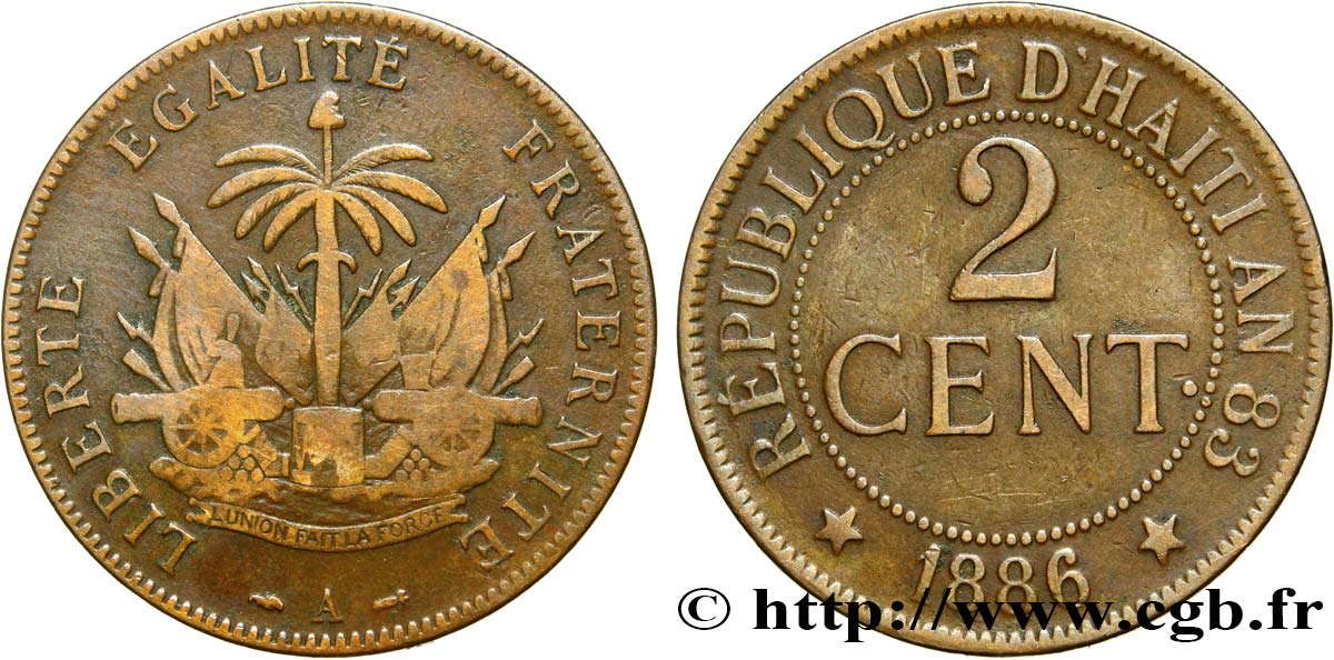 HAÏTI 2 Centimes emblème 1886 Paris TB 