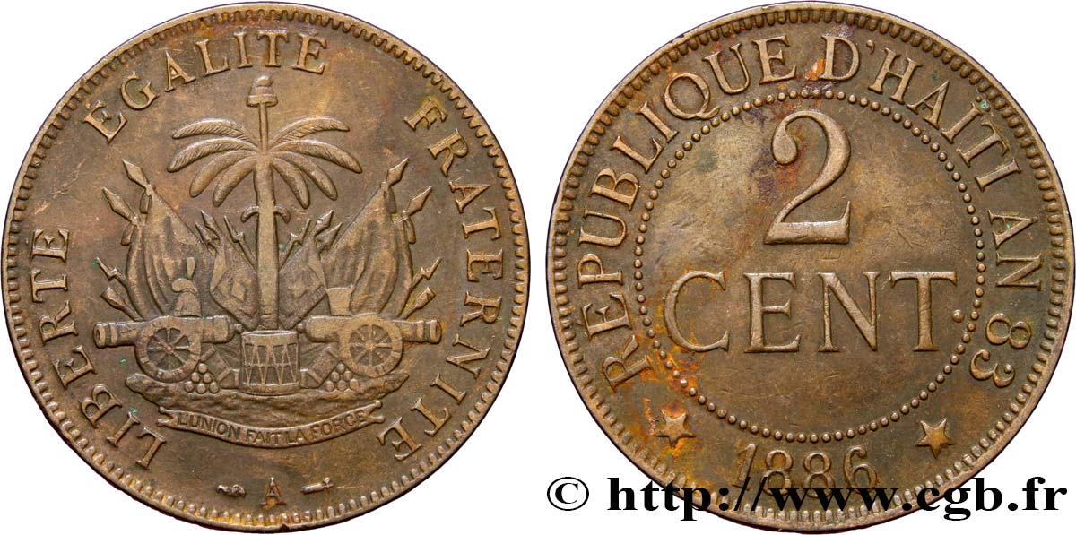 HAITI 2 Centimes emblème 1886 Paris MBC 