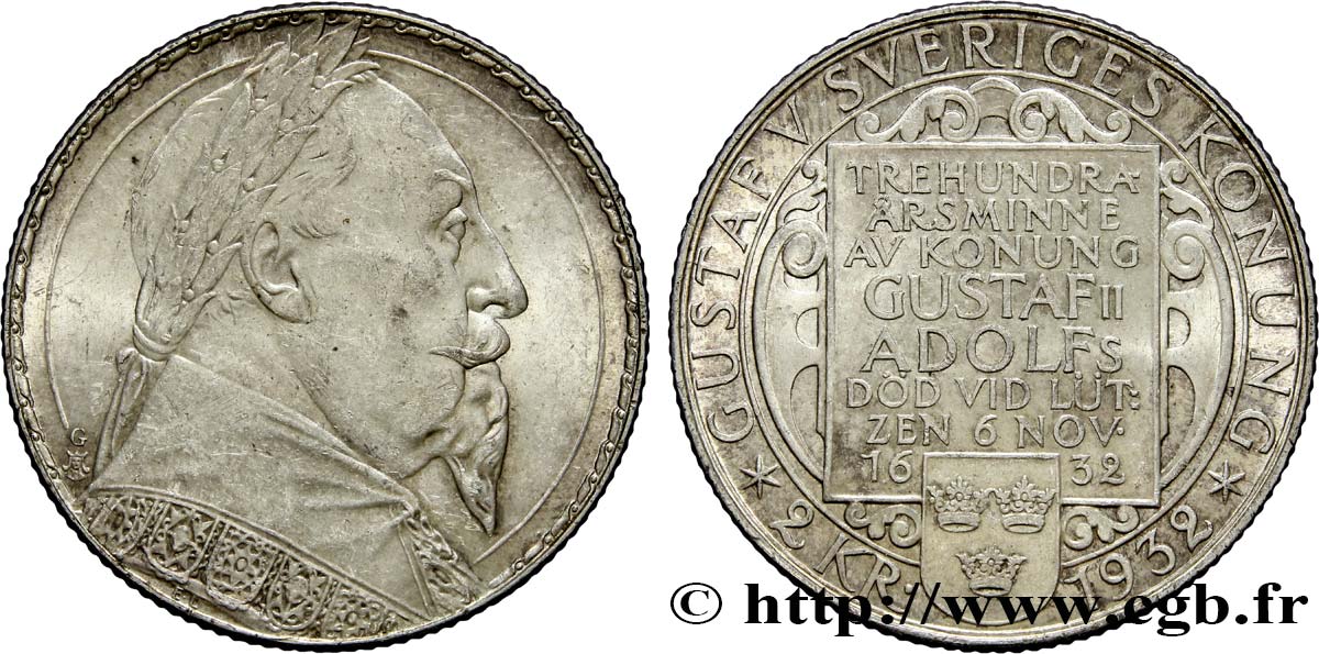 SUECIA 2 Kronor 300e anniversaire du roi Gustave II Adolphe 1932  SC 