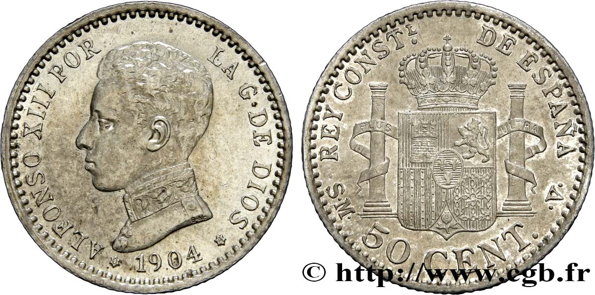 SPAIN 50 Centimos Alphonse XIII P.C.-.V. 1904 Madrid MS 