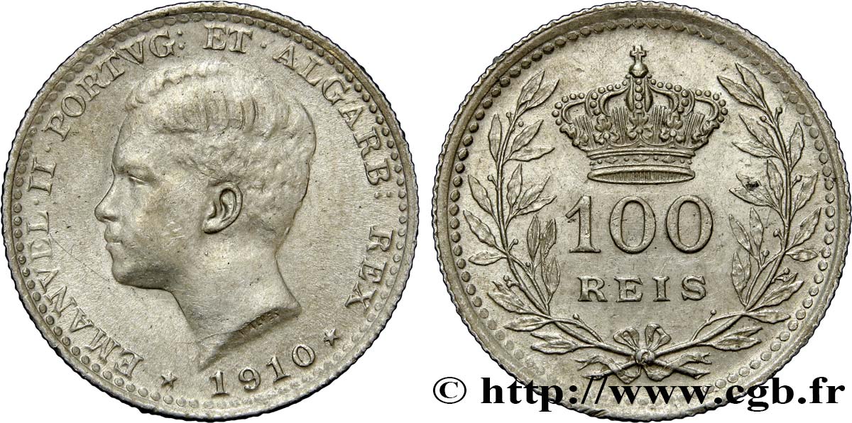 PORTUGAL 100 Reis Emmanuel II 1910  AU/MS 