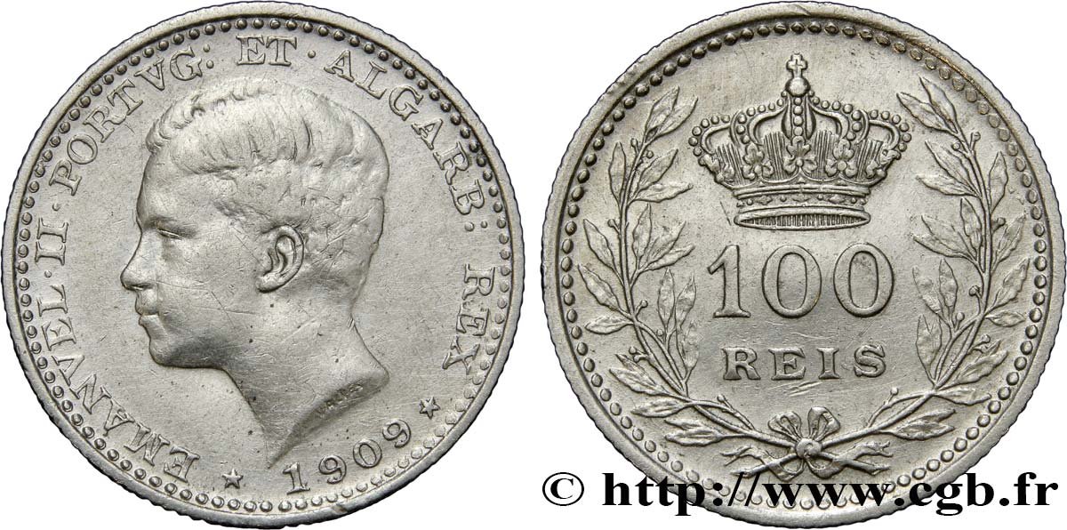 PORTUGAL 100 Reis Emmanuel II 1909  AU 