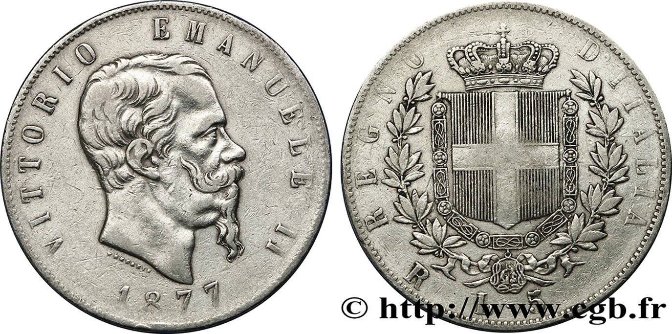 ITALIA 5 Lire Victor Emmanuel II 1877 Rome BC+ 