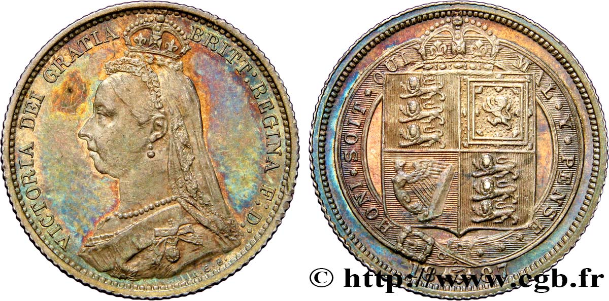 REGNO UNITO 6 Pence Victoria “buste du jubilé”, type écu 1887  MS 