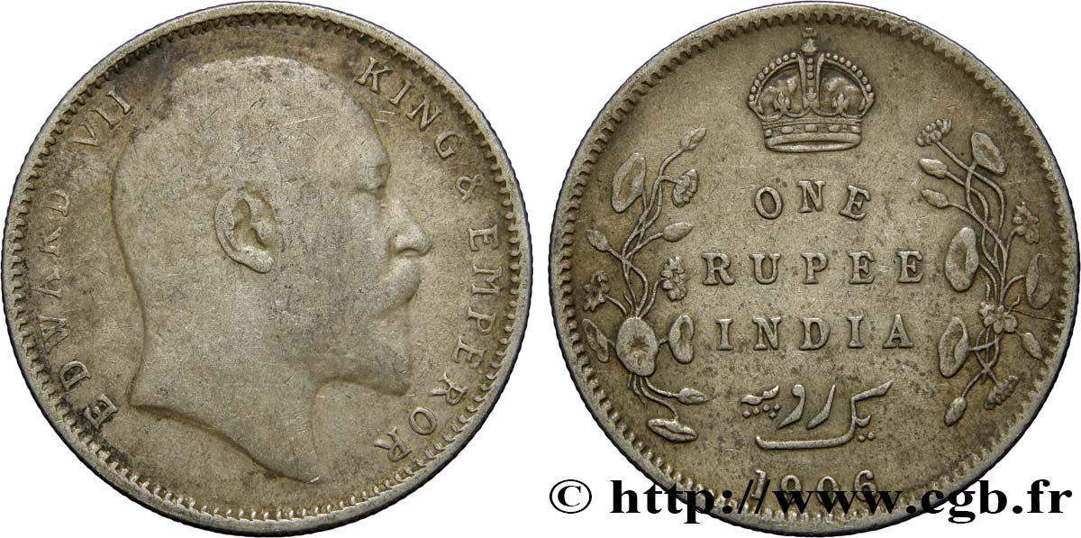 BRITISH INDIA 1 Roupie Edouard VII 1906 Calcutta VF/XF 