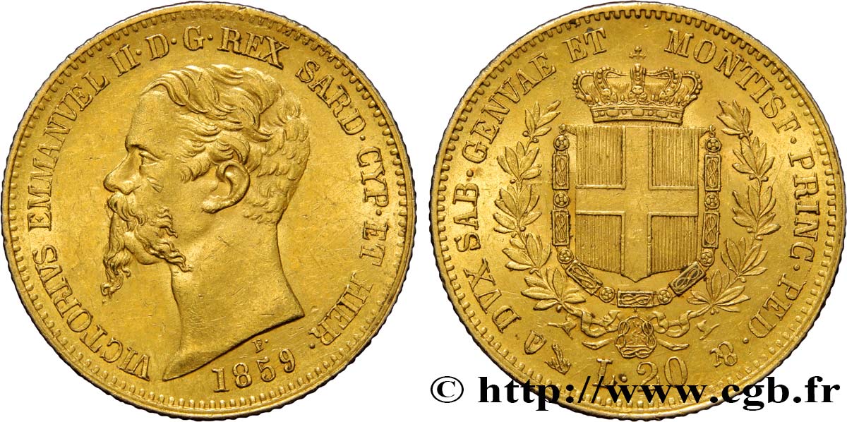 ITALY - KINGDOM OF SARDINIA 20 Lire Victor Emmanuel II 1859 Gênes AU 