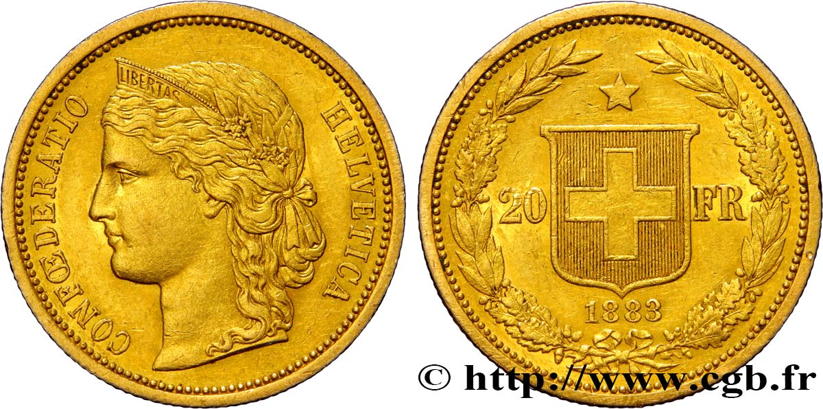 SWITZERLAND 20 Francs buste diadémé d Helvetia 1883 Berne AU 