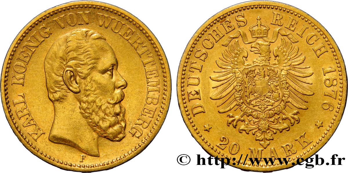 ALEMANIA - WURTEMBERG 20 Mark or, 2e type Charles Ier 1876 Stuttgart MBC+ 