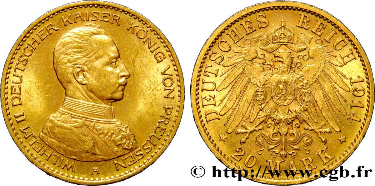 ALEMANIA - PRUSIA 20 Mark Guillaume II, 3e type 1914 Berlin EBC 