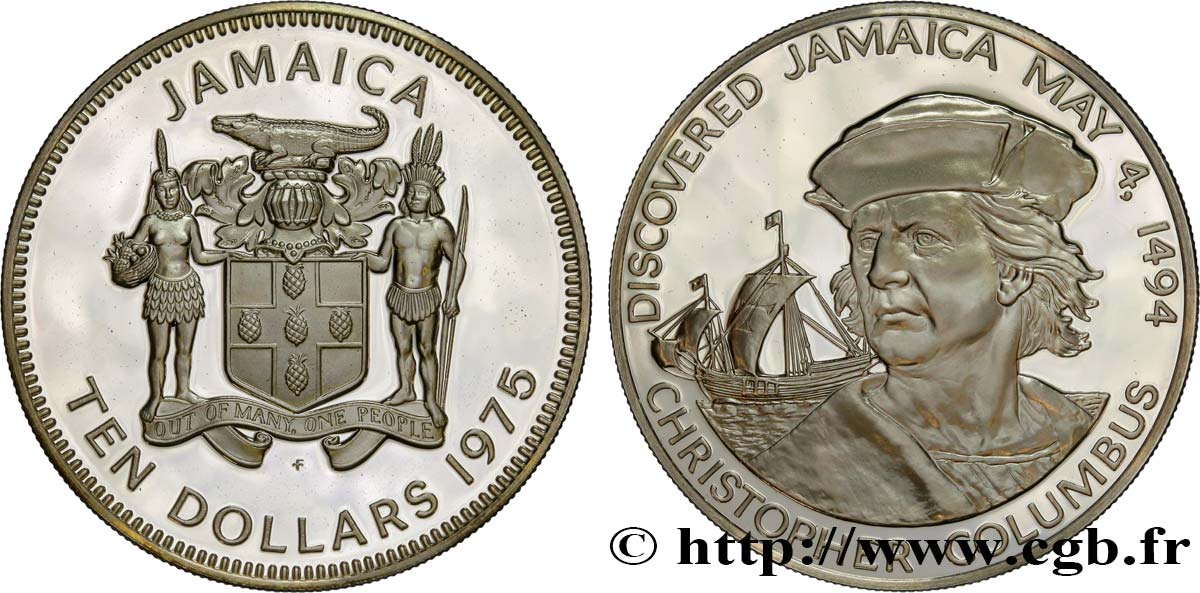JAMAÏQUE 10 Dollars Proof Christophe Colomb 1975 Franklin SPL 