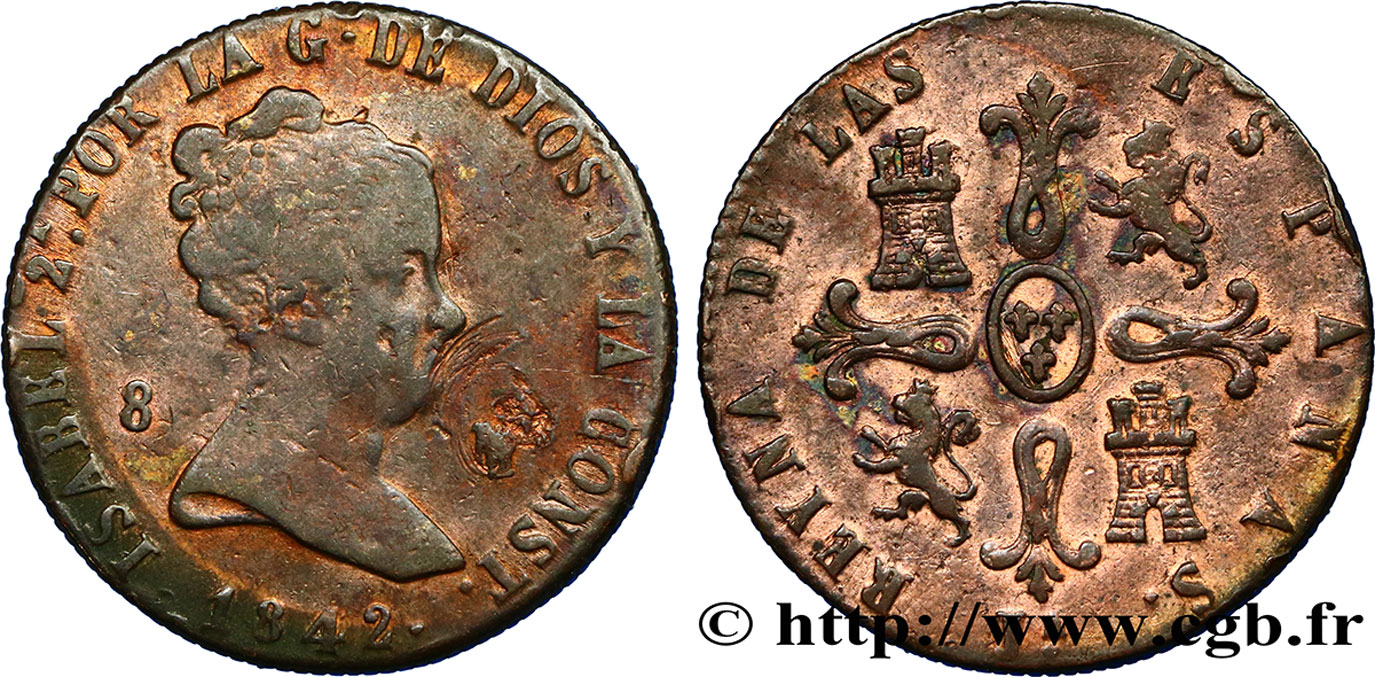 ESPAGNE 8 Maravedis Isabelle  1842 Jubia TB+ 