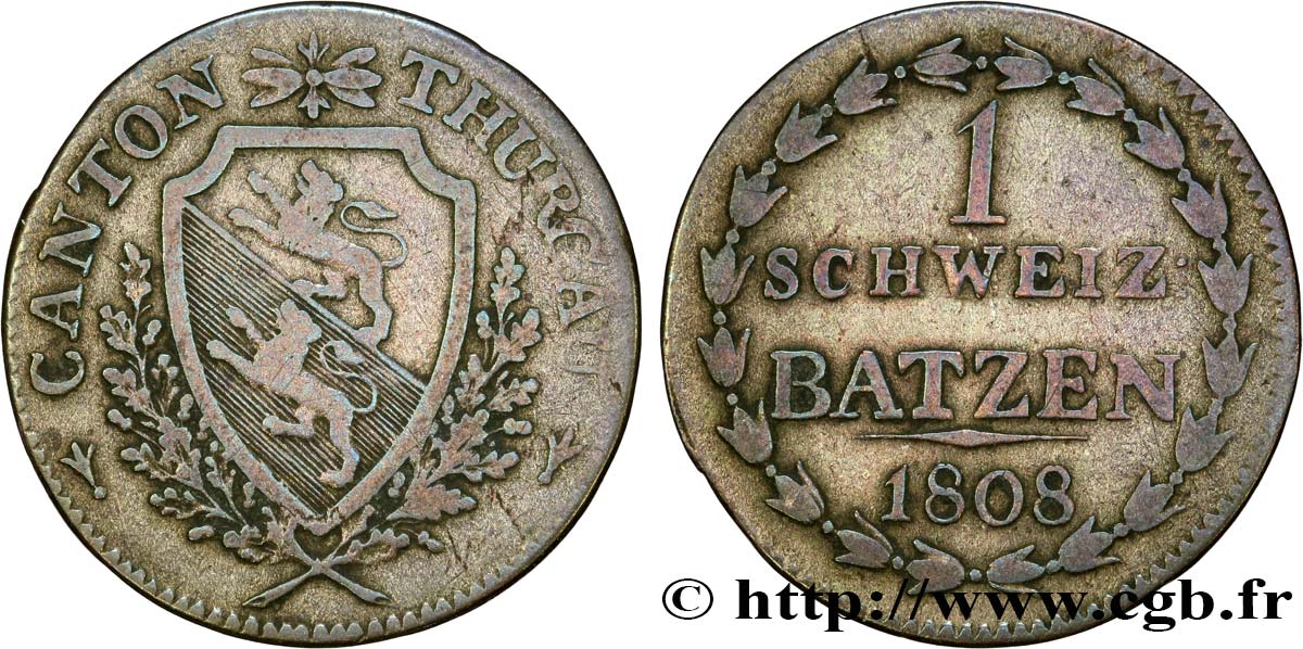 SWITZERLAND - CANTON OF THURGAU 1 Batzen 1808  VF 