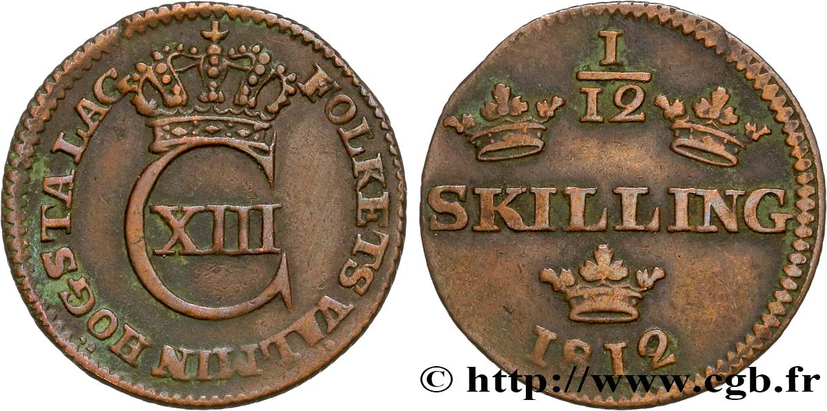 SWEDEN 1/12 Skilling Charles XIII 1812  XF 