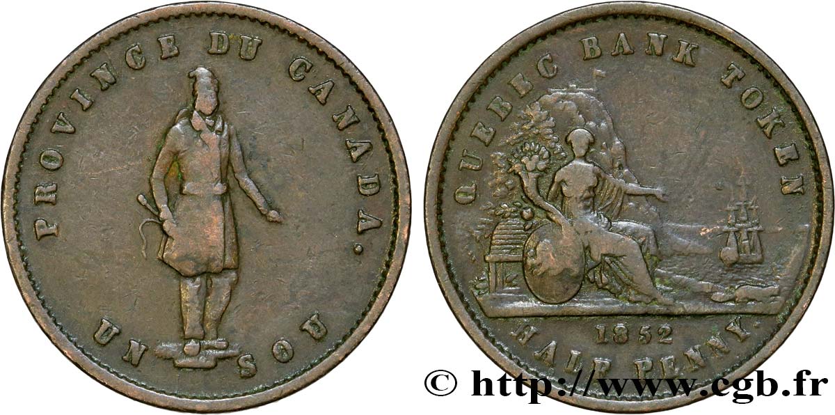 KANADA 1 Sous (1 Penny) Province du Bas Canada Québec Bank 1852 Boulton & Watt S 