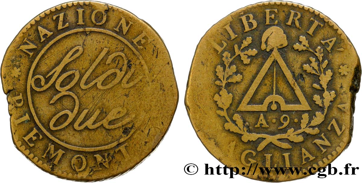 ITALIA - REPUBBLICA SUBALPINA 2 Soldi Piémont an 9 1801 Turin MB 