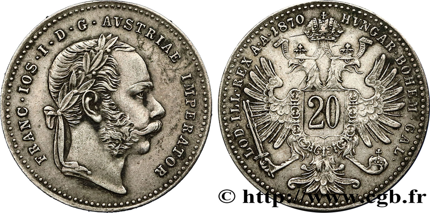 AUSTRIA 20 Kreuzer Empereur François-Joseph Ier tête laurée / aigle bicéphale 1870 Vienne SPL 