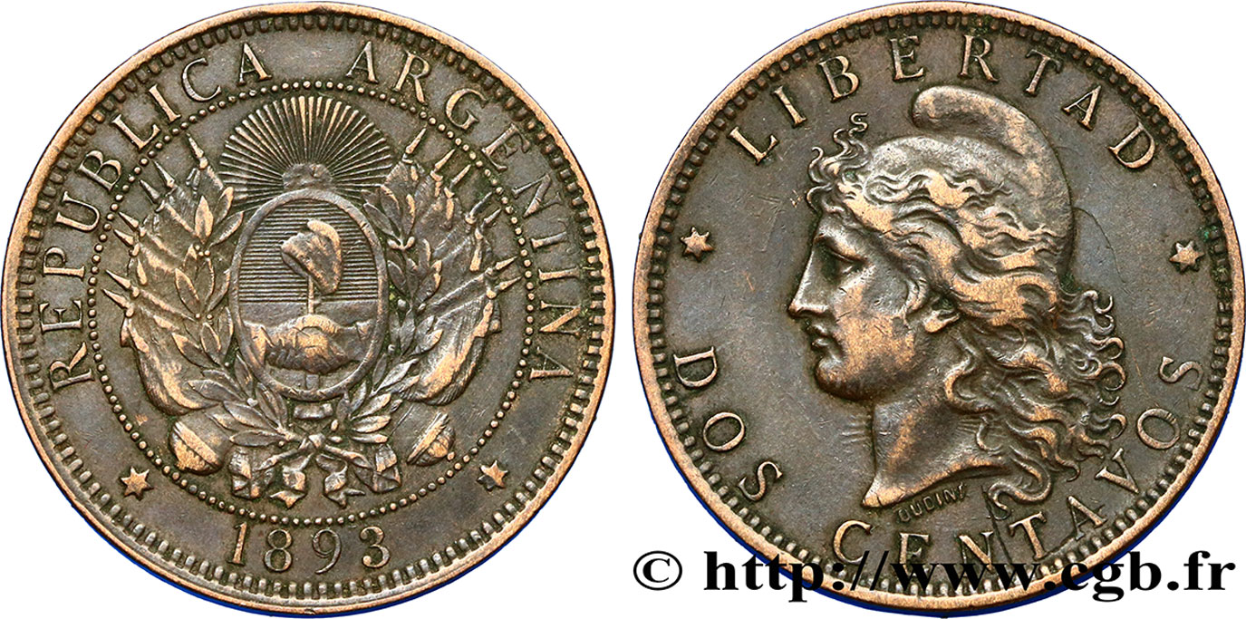 ARGENTINA 2 Centavos emblème / “Liberté” 1893  XF 