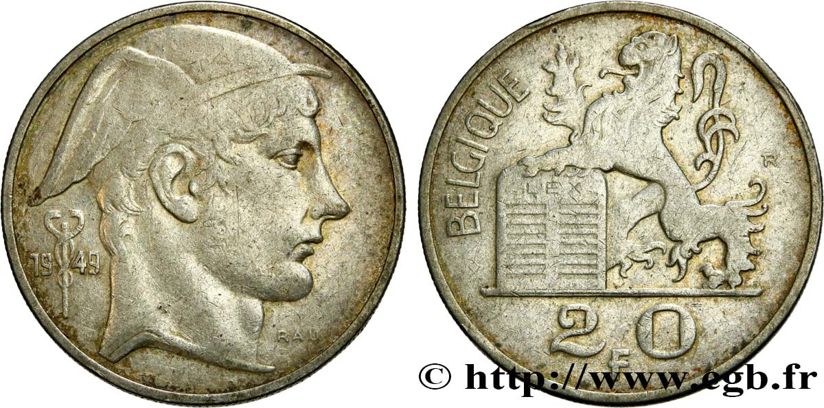 BELGIUM 20 Francs Mercure, légende française 1949  XF 