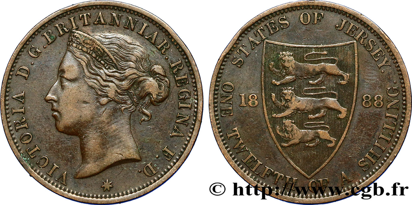 JERSEY 1/12 Shilling Reine Victoria / armes du Baillage de Jersey 1888  TTB 