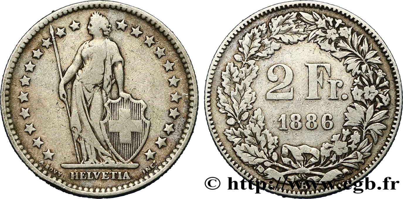 SWITZERLAND 2 Francs Helvetia 1886 Berne - B VF 
