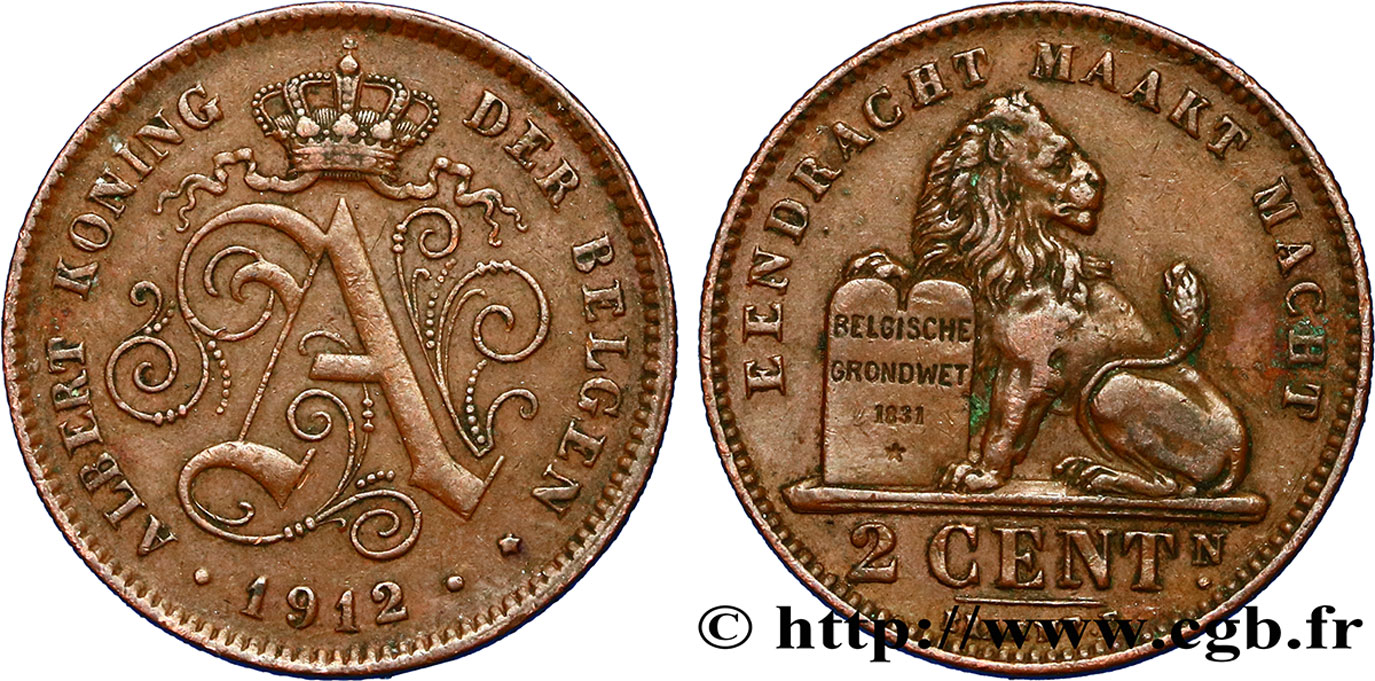 BELGIEN 2 Centimes monogramme d’Albert Ier légende française 1912  VZ 