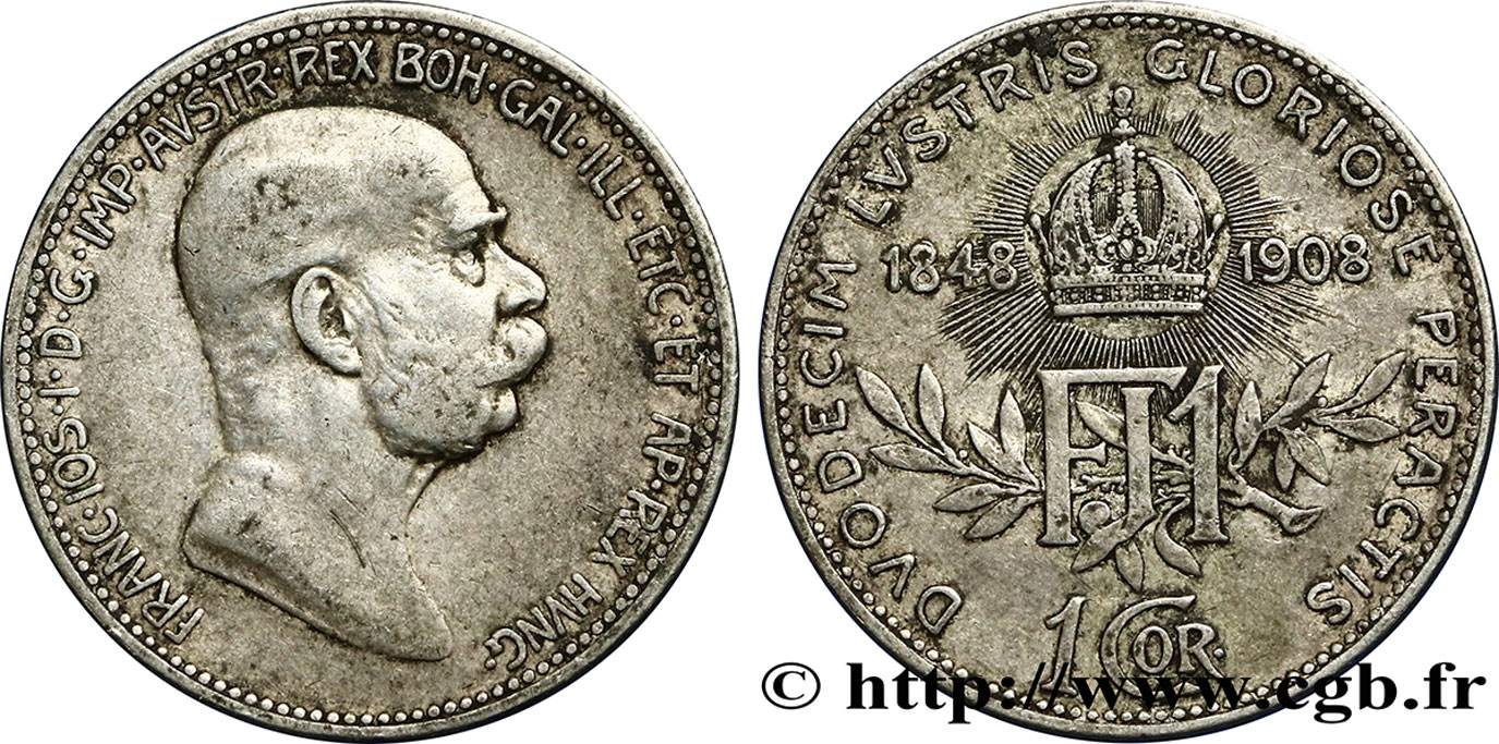AUSTRIA 1 Corona 60e anniversaire du règne de François-Joseph Ier 1908  XF 