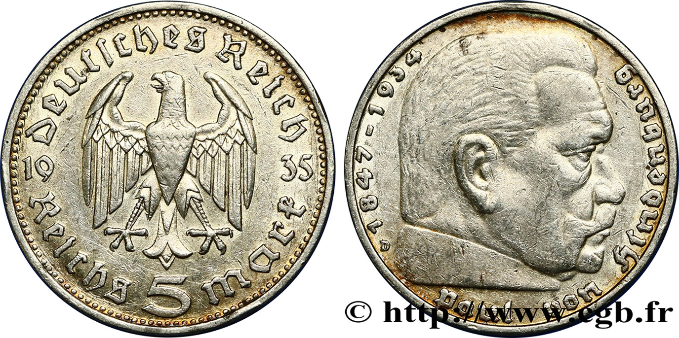 DEUTSCHLAND 5 Reichsmark Aigle / Maréchal Paul von Hindenburg 1935 Munich fVZ 