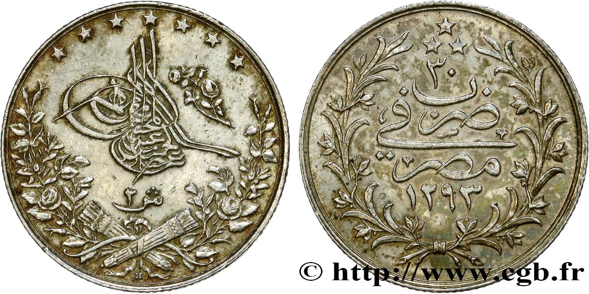 ÄGYPTEN 2 Qirsh Abdul Hamid II an 30 AH 1293 1904 Misr VZ 