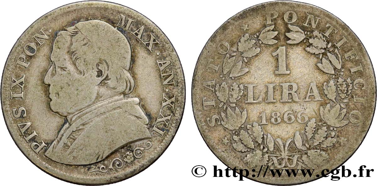 VATICAN AND PAPAL STATES 1 Lire Pie IX type grand buste an XXI 1866 Rome VF 