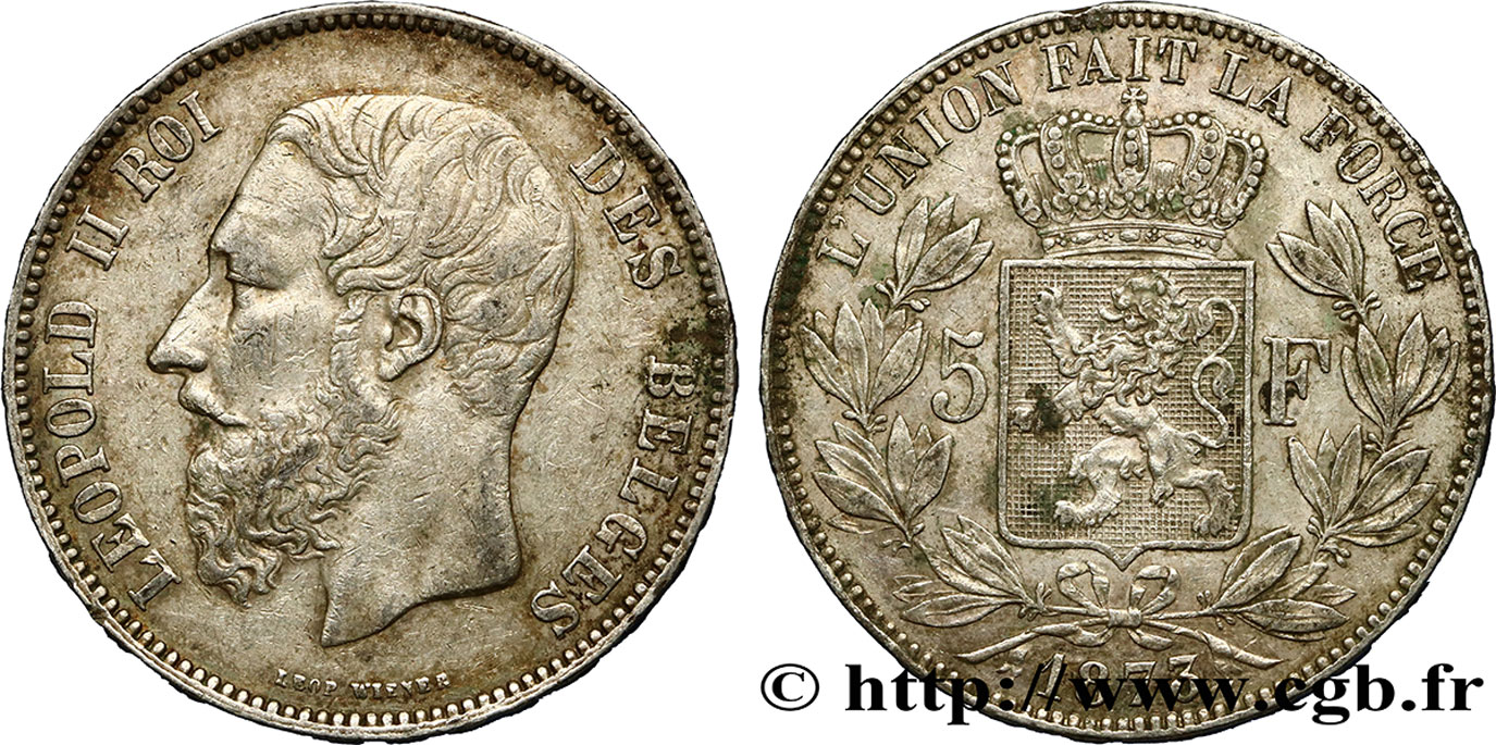 BÉLGICA 5 Francs Léopold II 1873  BC+/MBC+ 