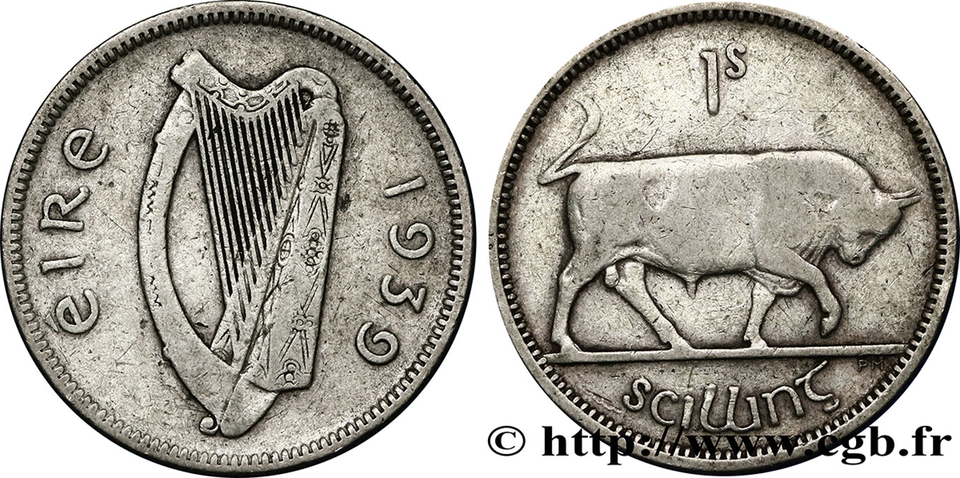 IRELAND REPUBLIC 1 Shilling harpe / taureau 1939  XF 