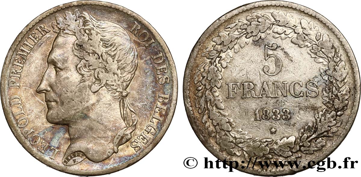 BELGIUM 5 Francs Léopold Ier  1833  VF 