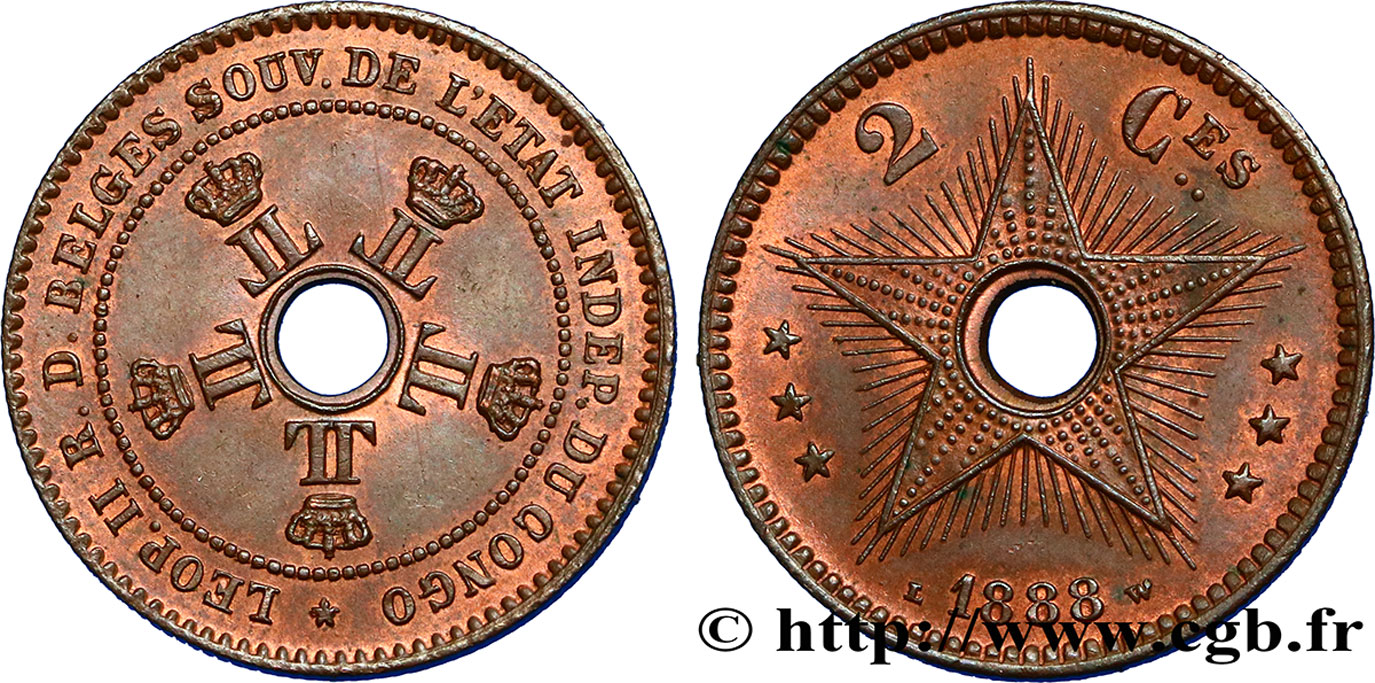 BELGIUM - CONGO FREE STATE 2 Centimes 1888  AU 