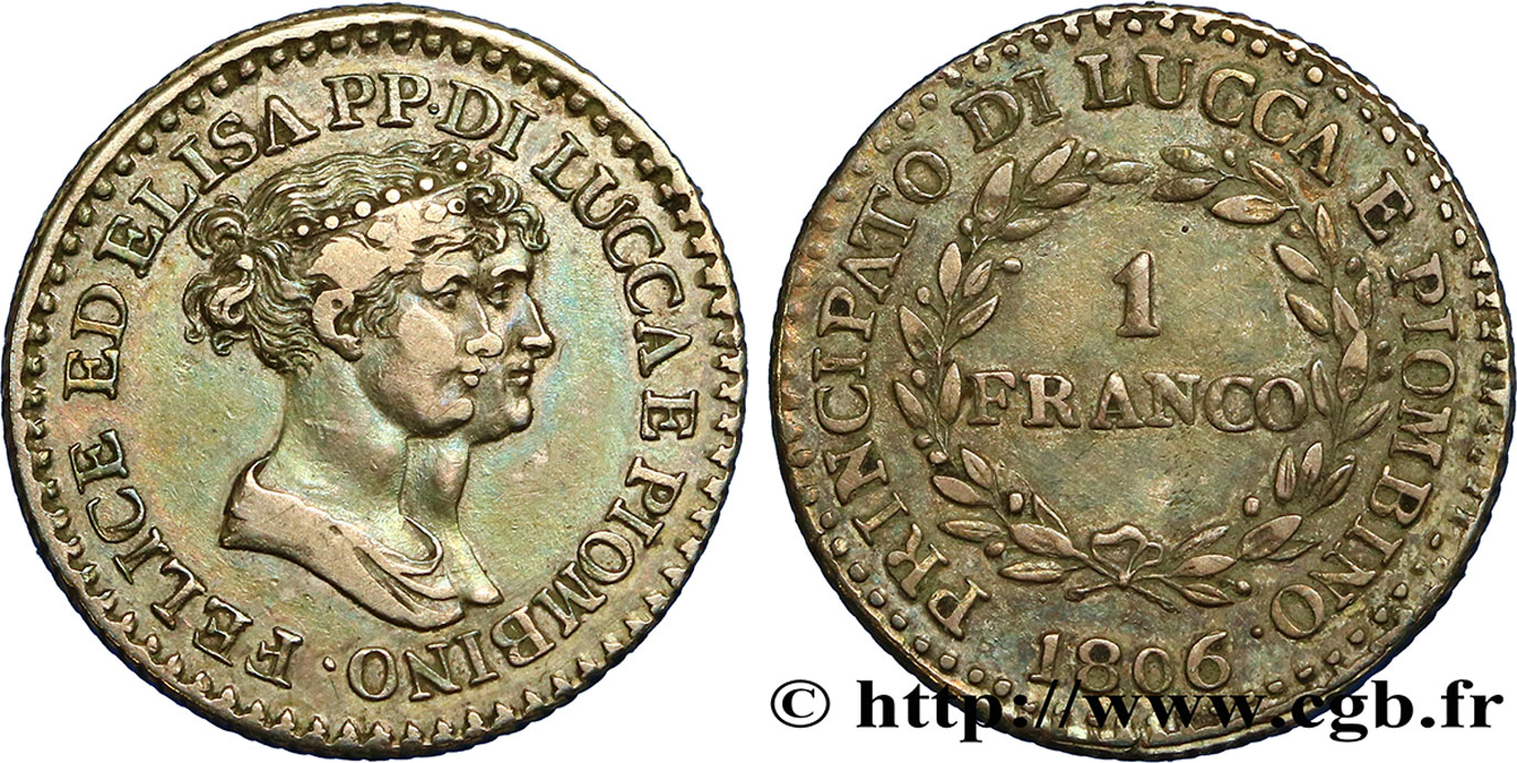 ITALY - PRINCIPALTY OF LUCCA AND PIOMBINO - FELIX BACCIOCHI AND ELISA BONAPARTE 1 Franco 1806 Florence XF 