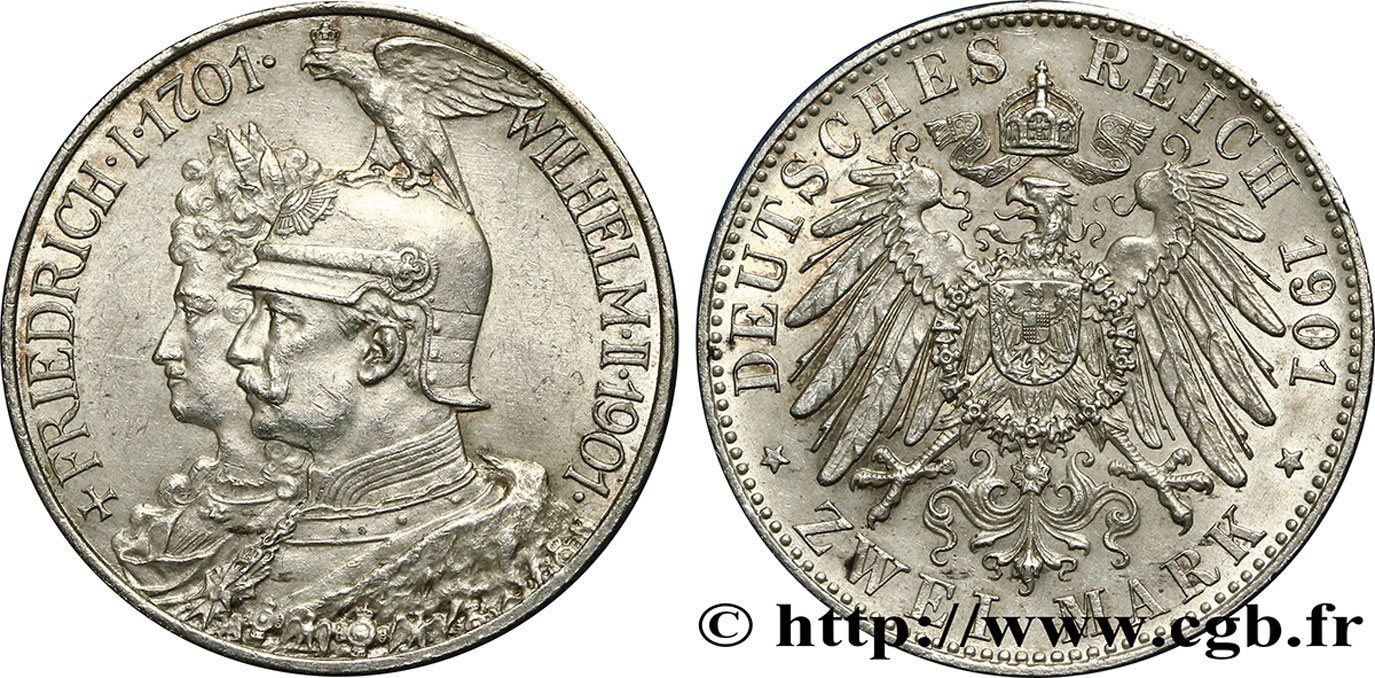 ALEMANIA - REINO DE PRUSIA - GUILLERMO II 2 Mark 200e anniversaire de la Prusse 1901 Berlin EBC 