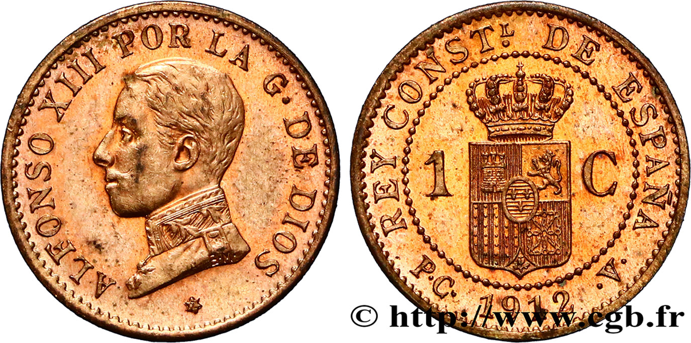 SPAIN 1 Centimo Alphonse XIII 1912 Madrid MS 