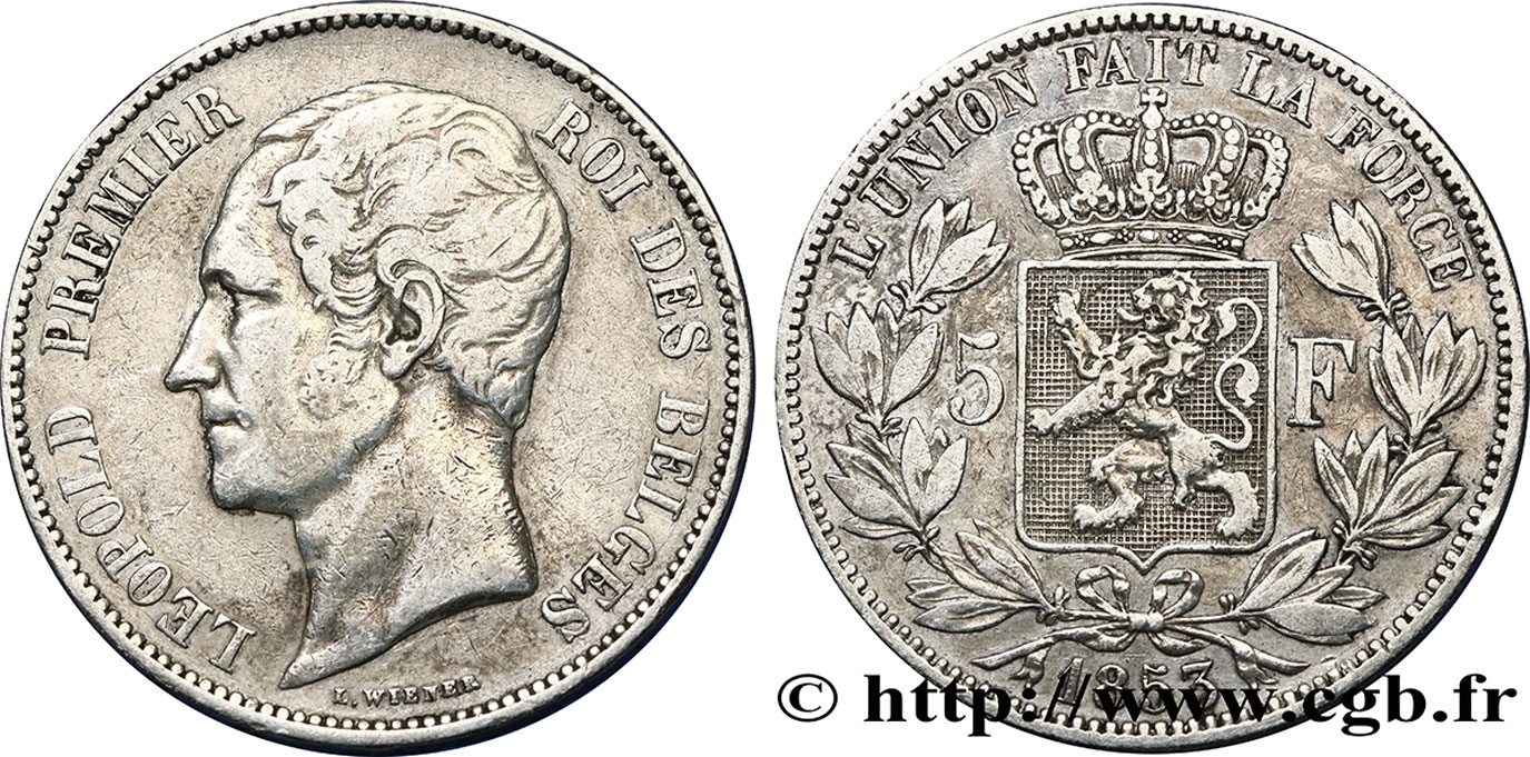 BELGIUM 5 Francs Léopold Ier tête nue 1853  VF 