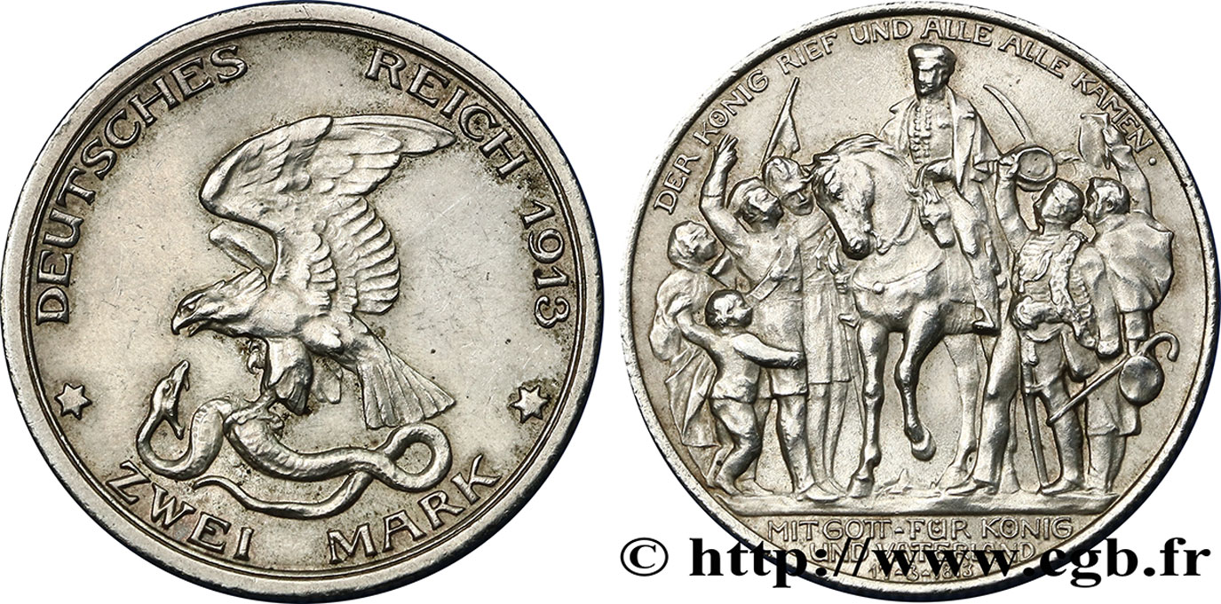 GERMANY - PRUSSIA 2 Mark 100e anniversaire défaite de Napoléon 1913 Berlin AU 