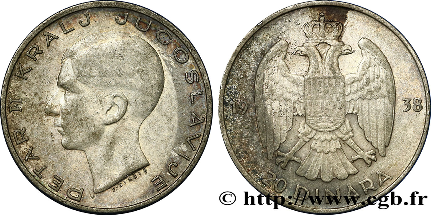 YUGOSLAVIA 20 Dinara Pierre II 1938  XF 
