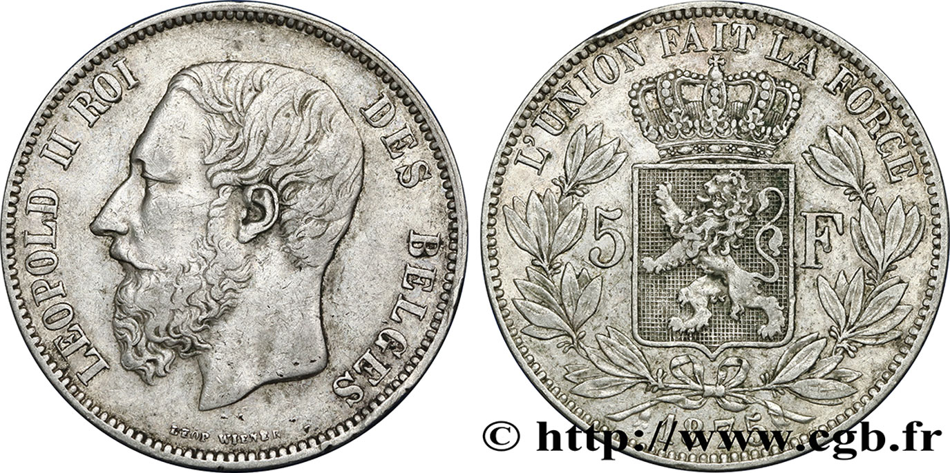 BELGIEN 5 Francs Léopold II 1875  SS 