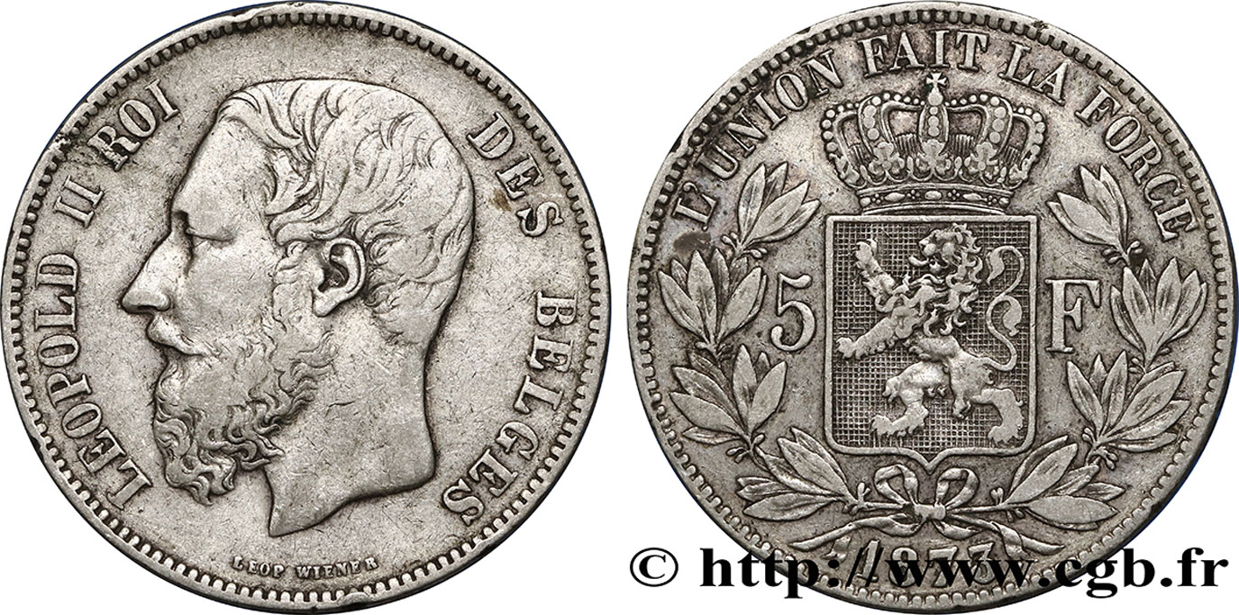 BELGIUM 5 Francs Léopold II 1873  VF/XF 