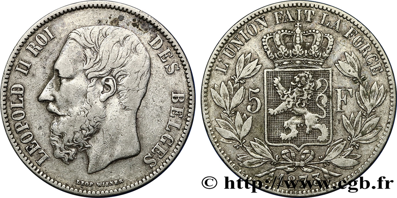 BELGIO 5 Francs Léopold II 1873  q.BB/BB 
