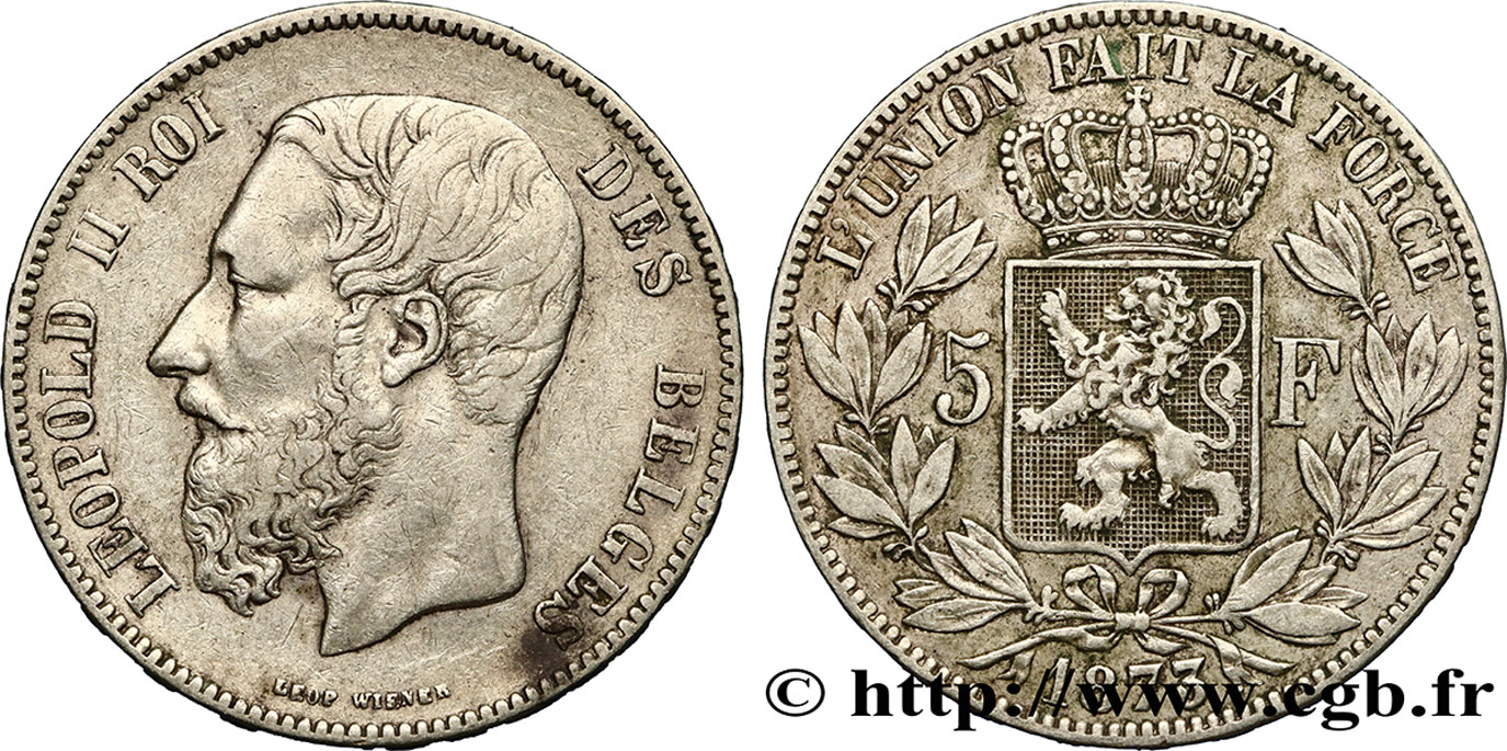 BELGIUM 5 Francs Léopold II 1873  VF/XF 