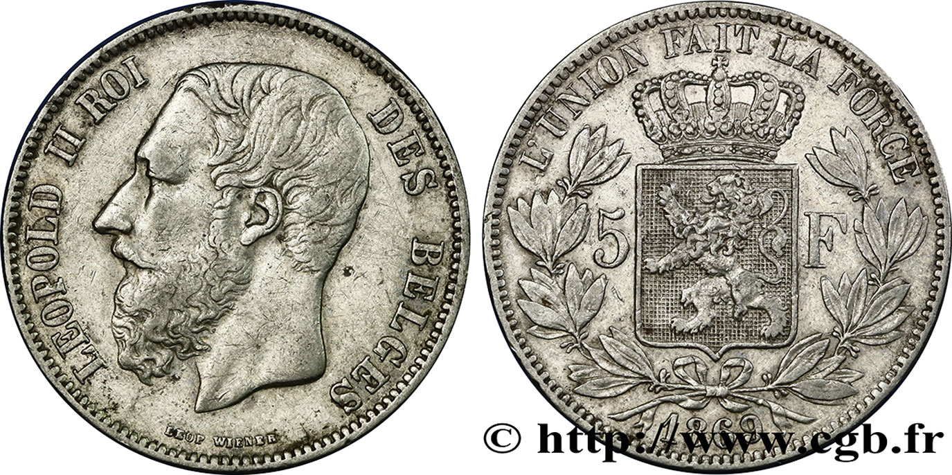 BELGIO 5 Francs Léopold II 1869  q.BB/BB 